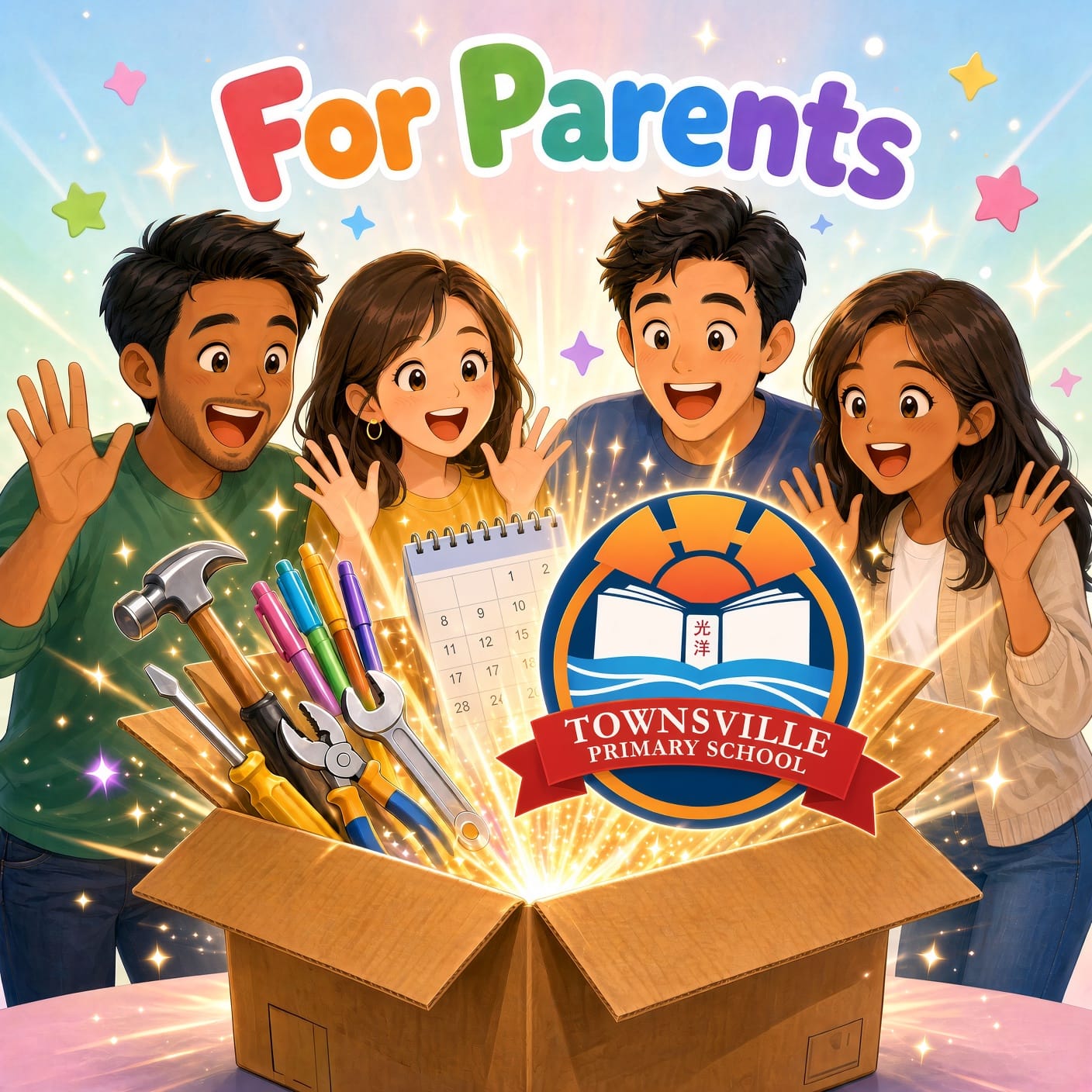 An image of a box, opened, with things inside it, and 4 adults surprised by it.
